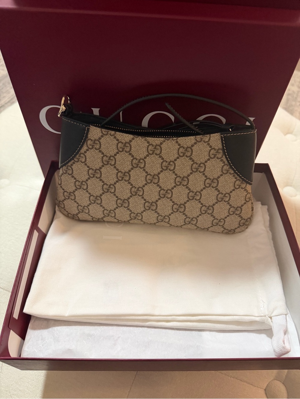 Gucci Beige GG Monogram Mini Shoulder Bag with Black Trim